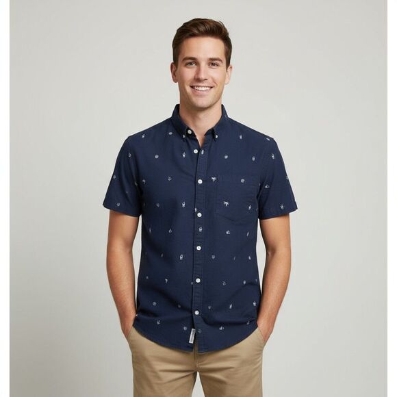 H&M Medium Dark Blue Button Up Shirt Beach  Men's  Streetwear Divided Summer - Picture 1 of 9